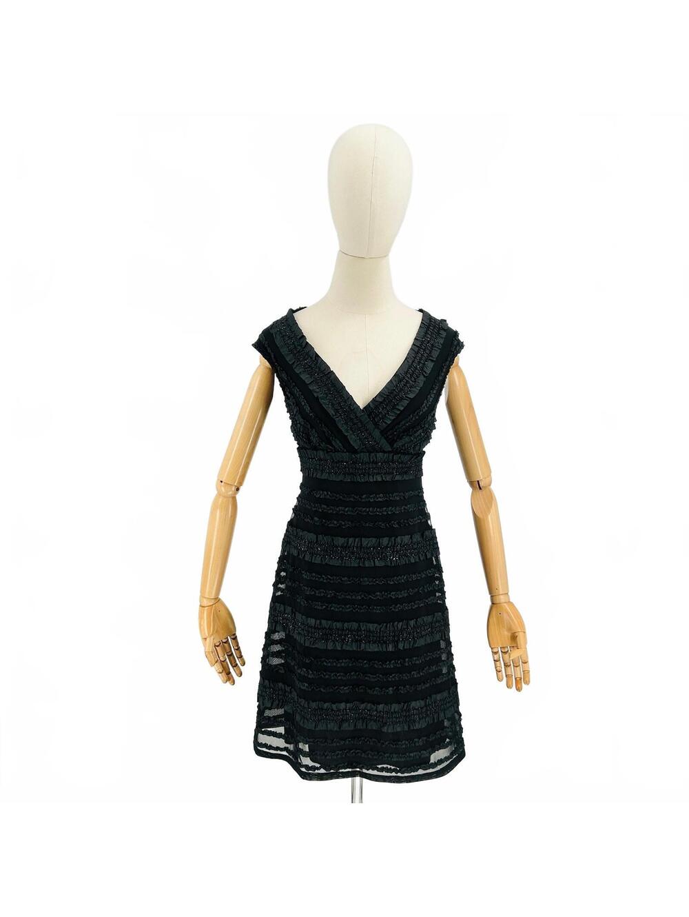 Vintage 90s Tadashi Black Ruched Mesh Panel Cocktail Dress